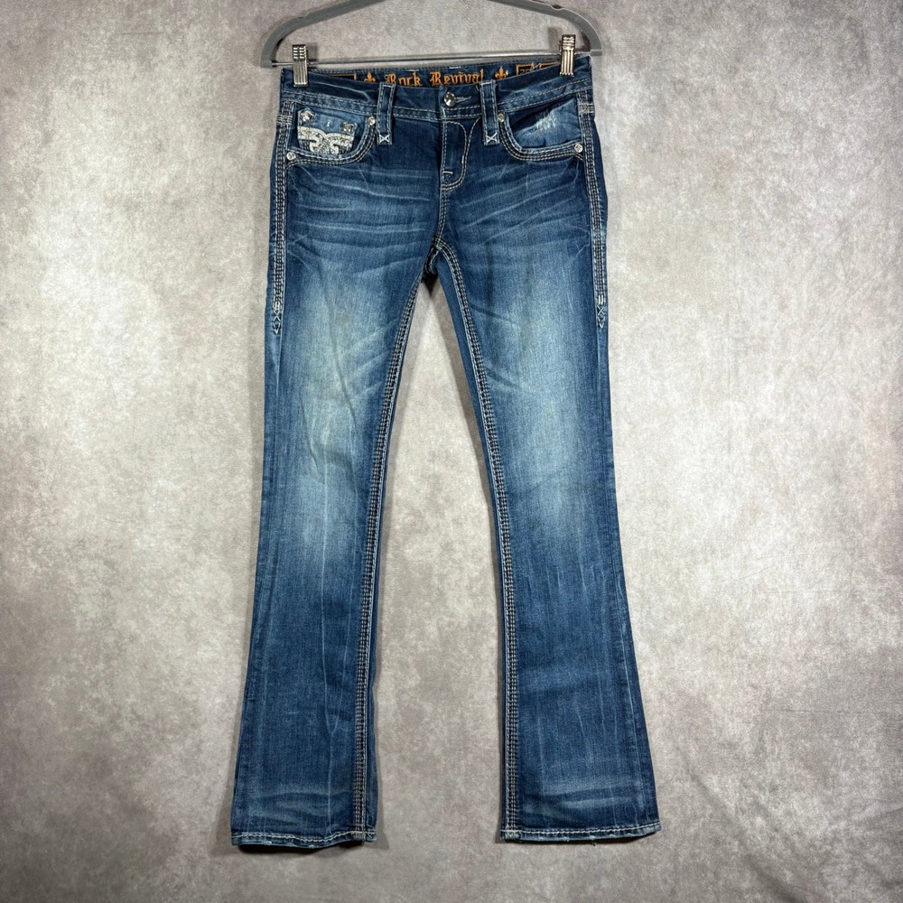 Rock Revival Jeans Women 26 Blue Sapphire Bootcut Embellished Thick Stitch Denim
